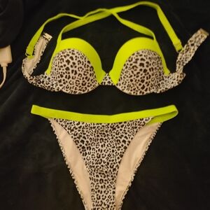 SHEIN Neon Yellow and Leopard Bikini Set